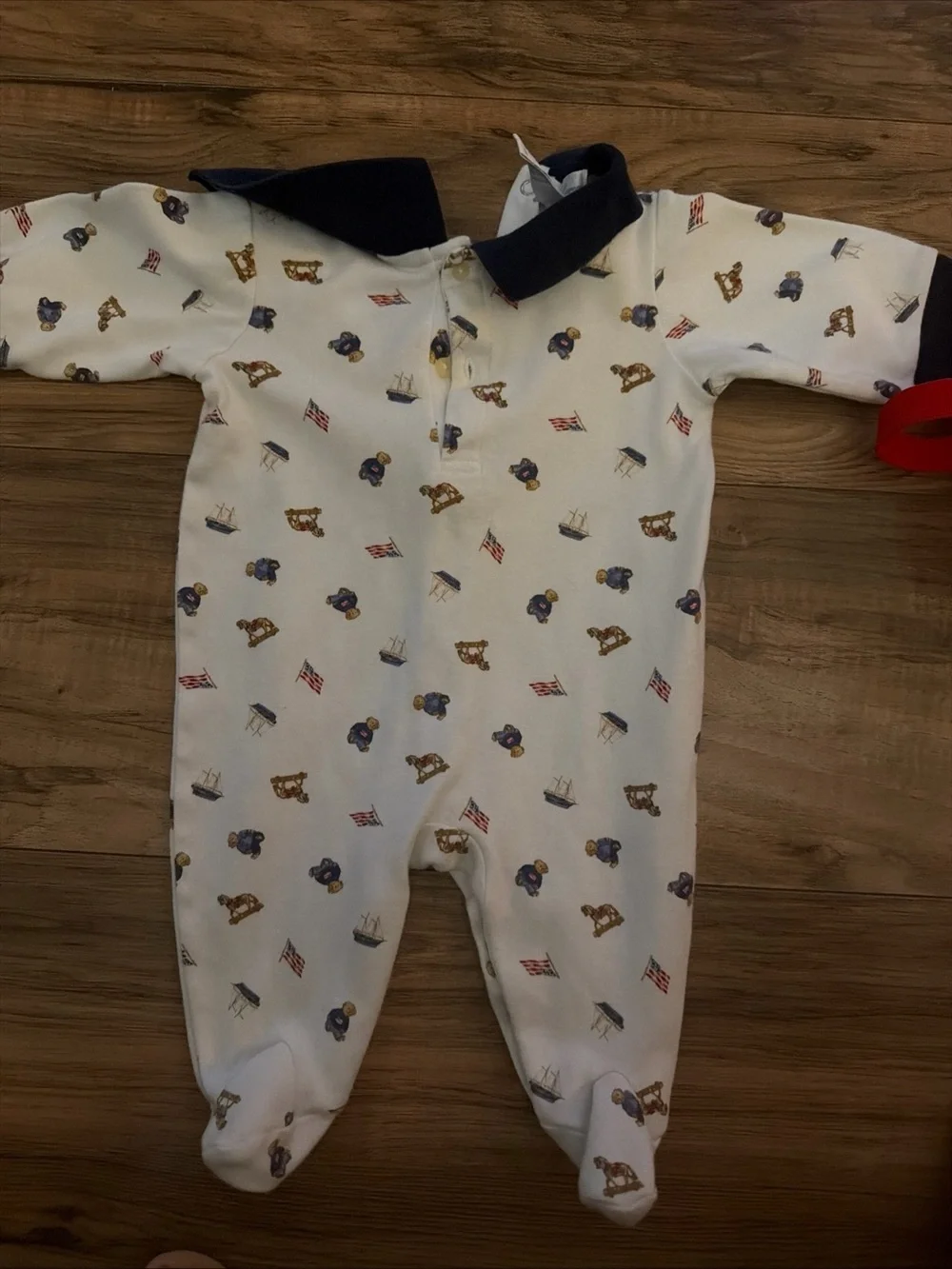 Vintage Ralph Lauren Cream Polo Romper with Navy Trim and Nautical Print